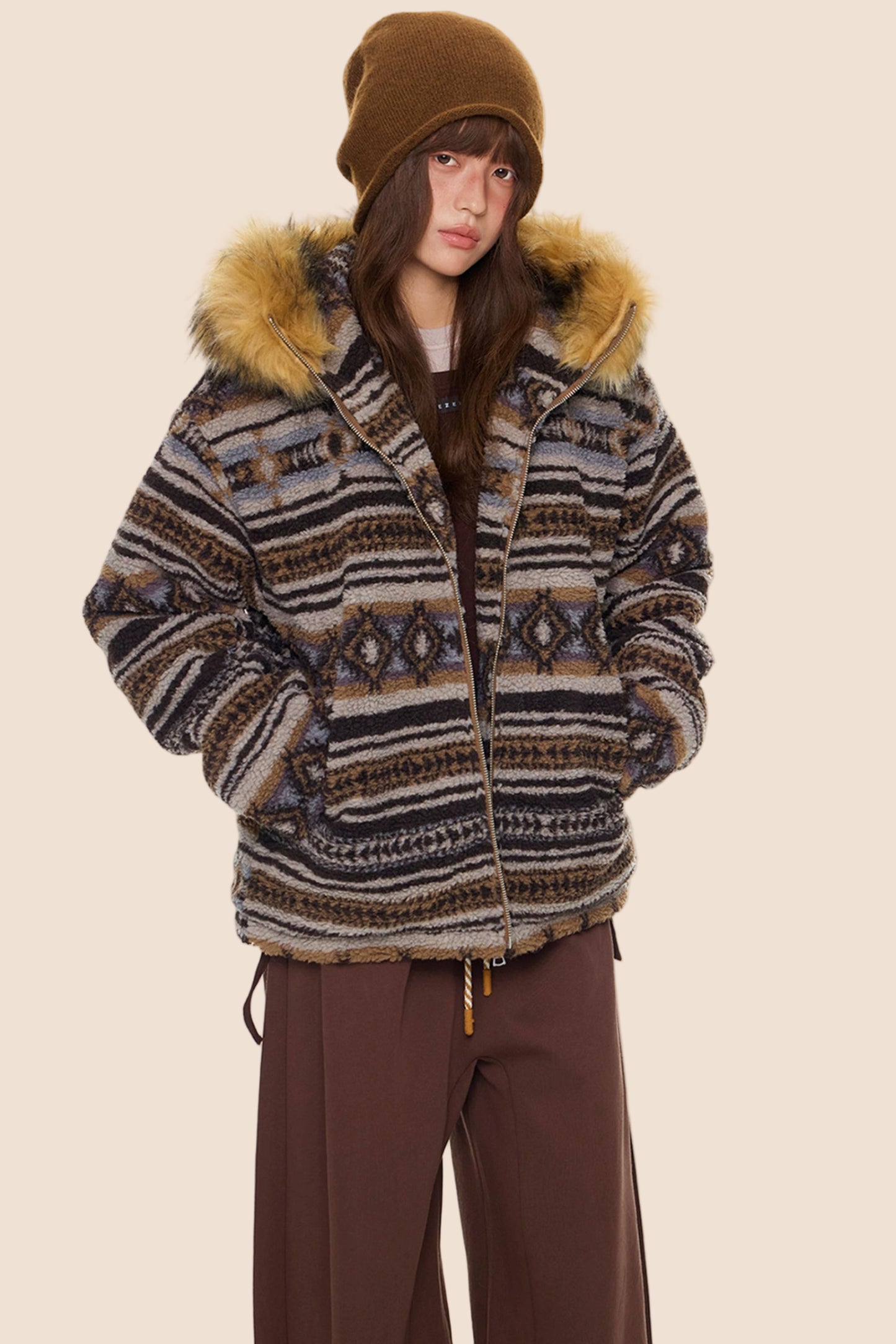 Ethnic Fur Collar Hooded Jacket