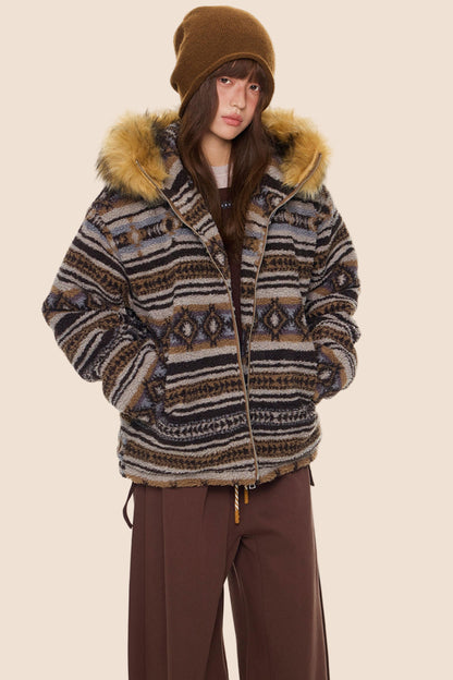 Ethnic Fur Collar Hooded Jacket