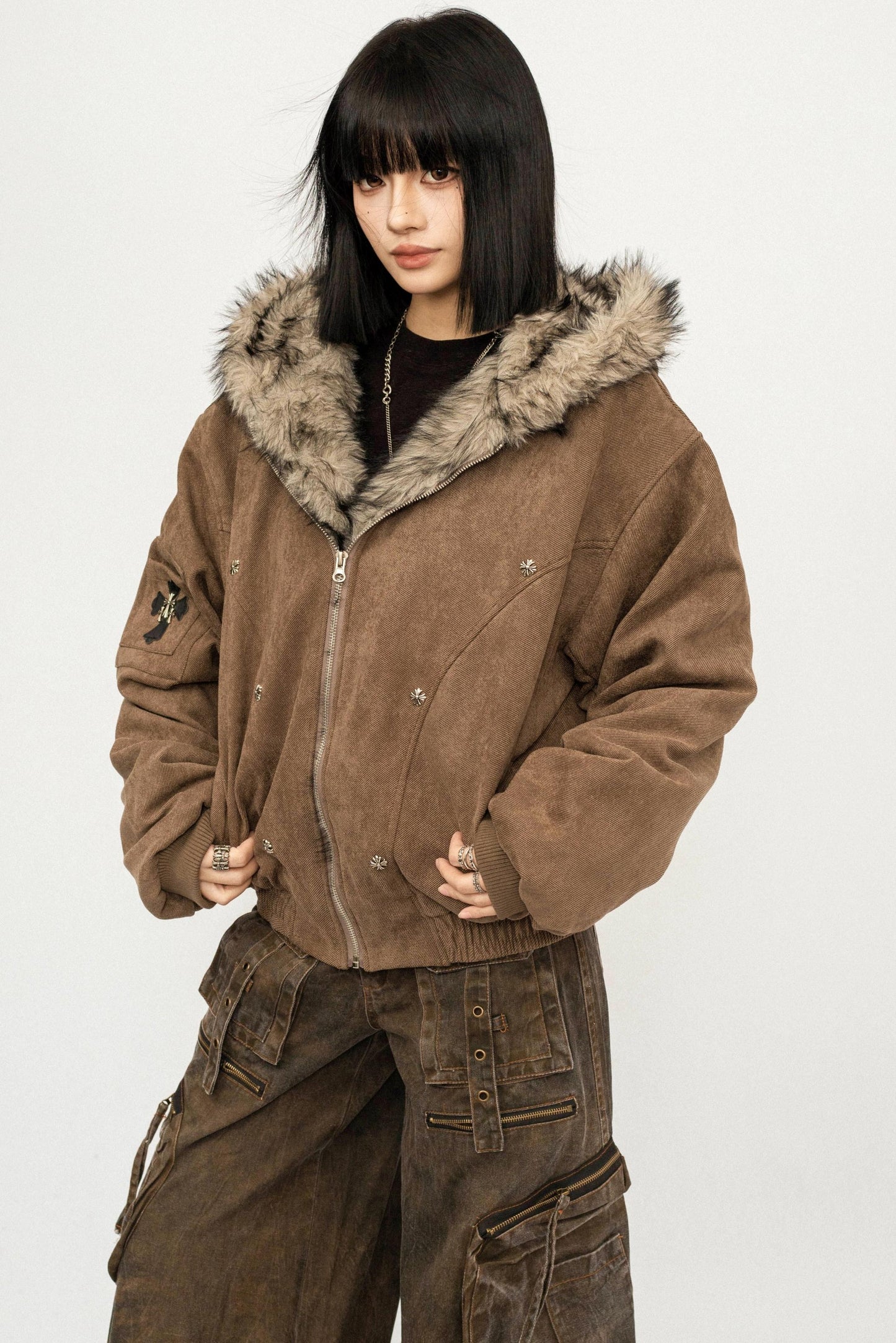 Retro Fur Collar Hooded Jacket