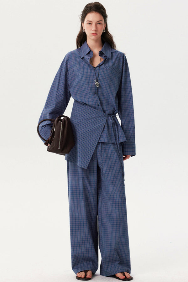 Blue Plaid Long Shirt Trousers Set