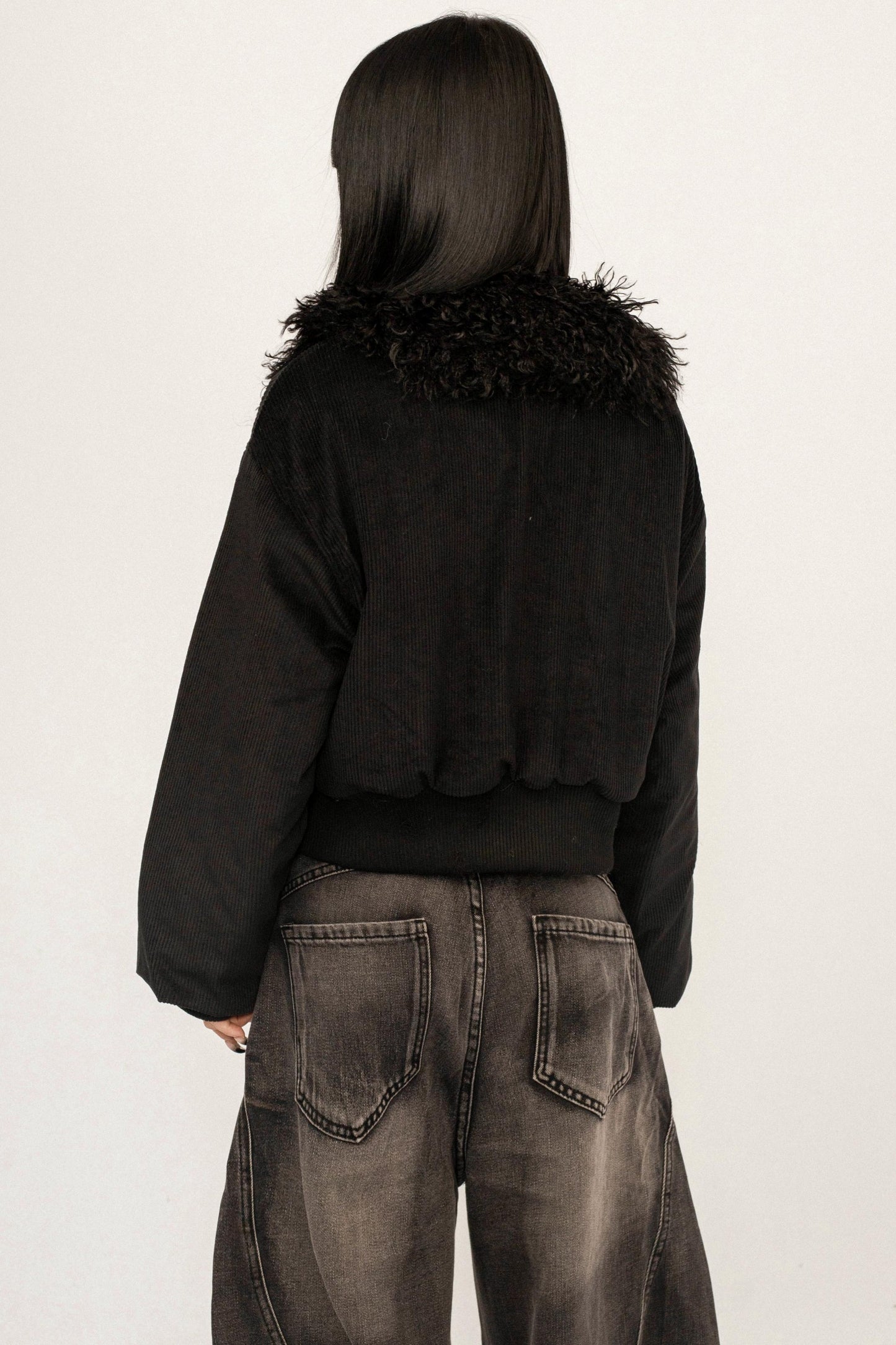 Black Fur Collar Hooded Jacket