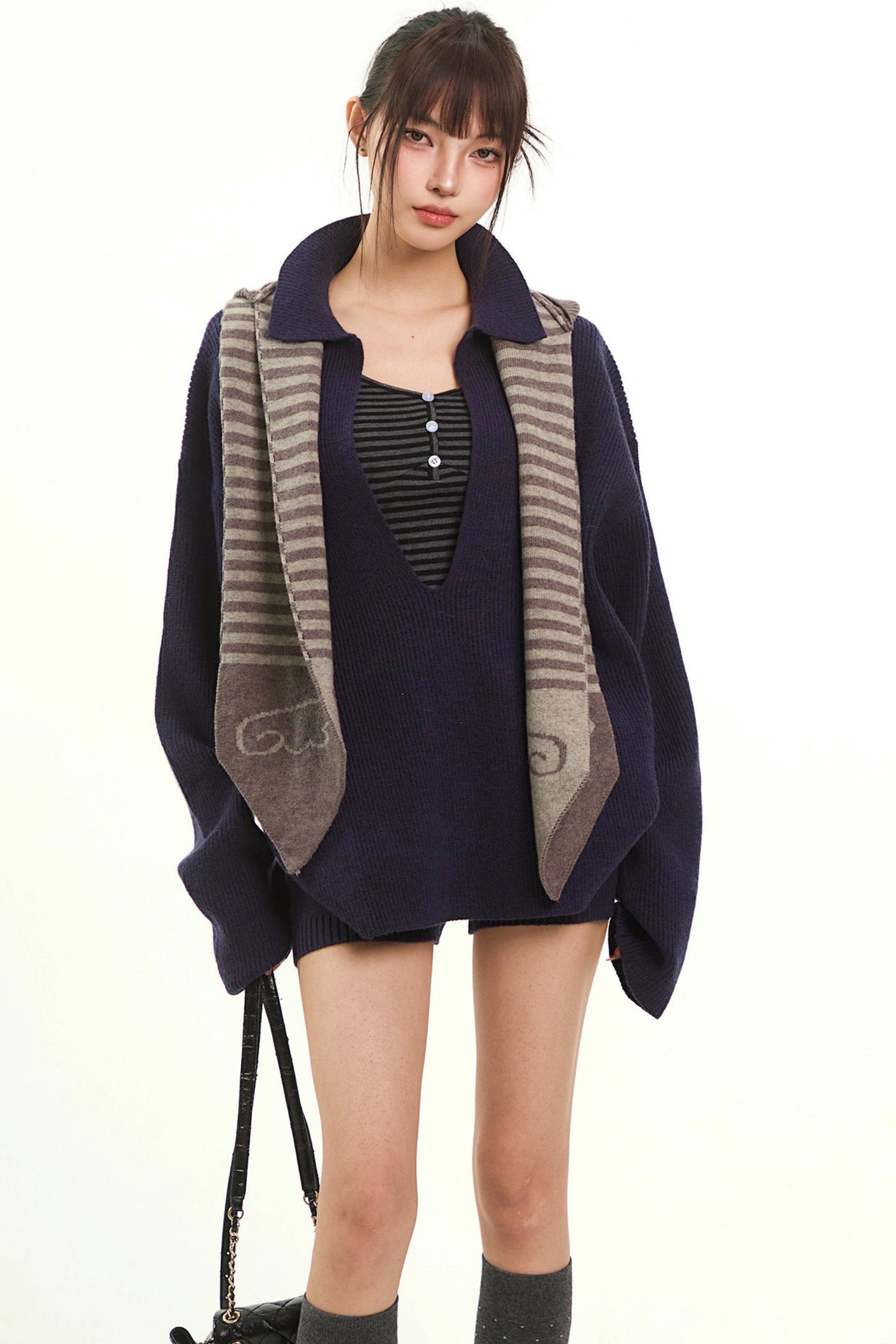 Navy Knitwear Two-Piece Pants Set-Up