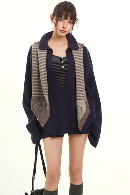 Navy Knitwear Two-Piece Pants Set-Up