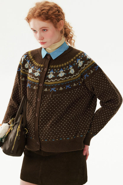 Snowman Jacquard Wool Cardigan