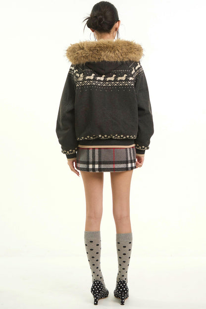Retro Fair Isle Fur Collar Jacket