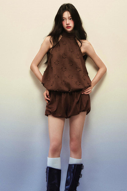 Reddish-brown Suede Flower Top Pumpkin Pants Set-Up