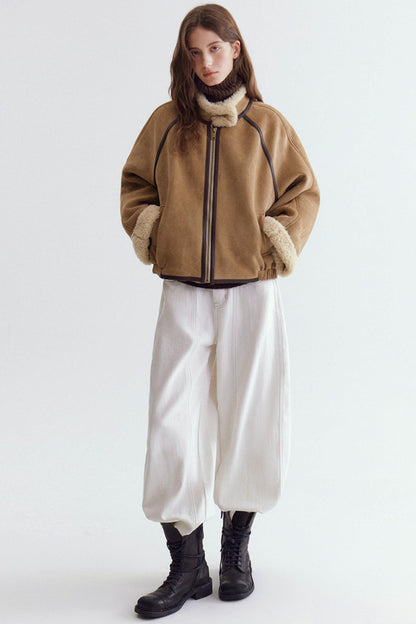 Color-Blocked Suede Shearling Coat