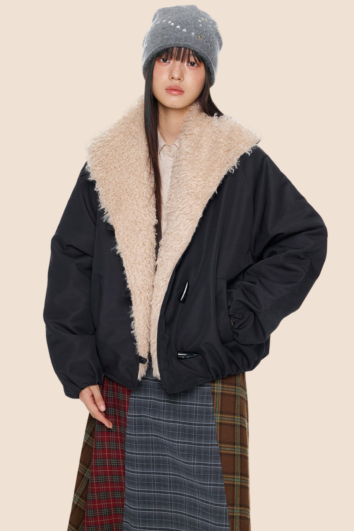 Fur-Trimmed Color-Blocked Coat