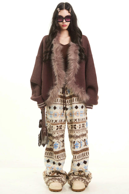 Plush Collar Knitted Cardigan