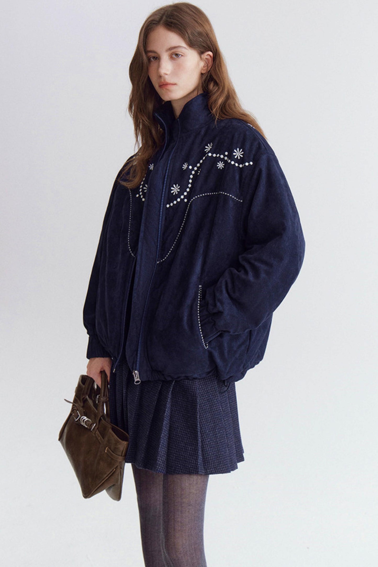 Pearl Daisy Embroidered Suede Jacket