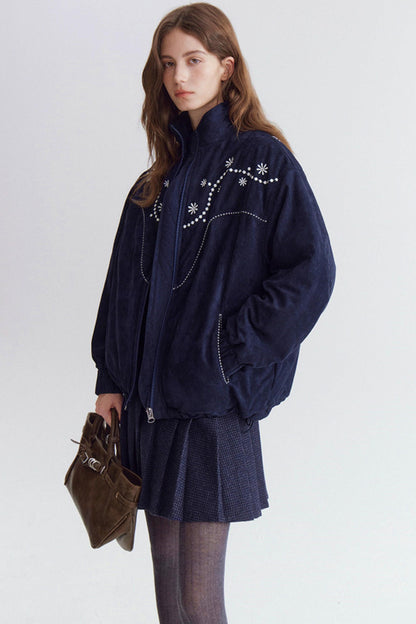 Pearl Daisy Embroidered Suede Jacket