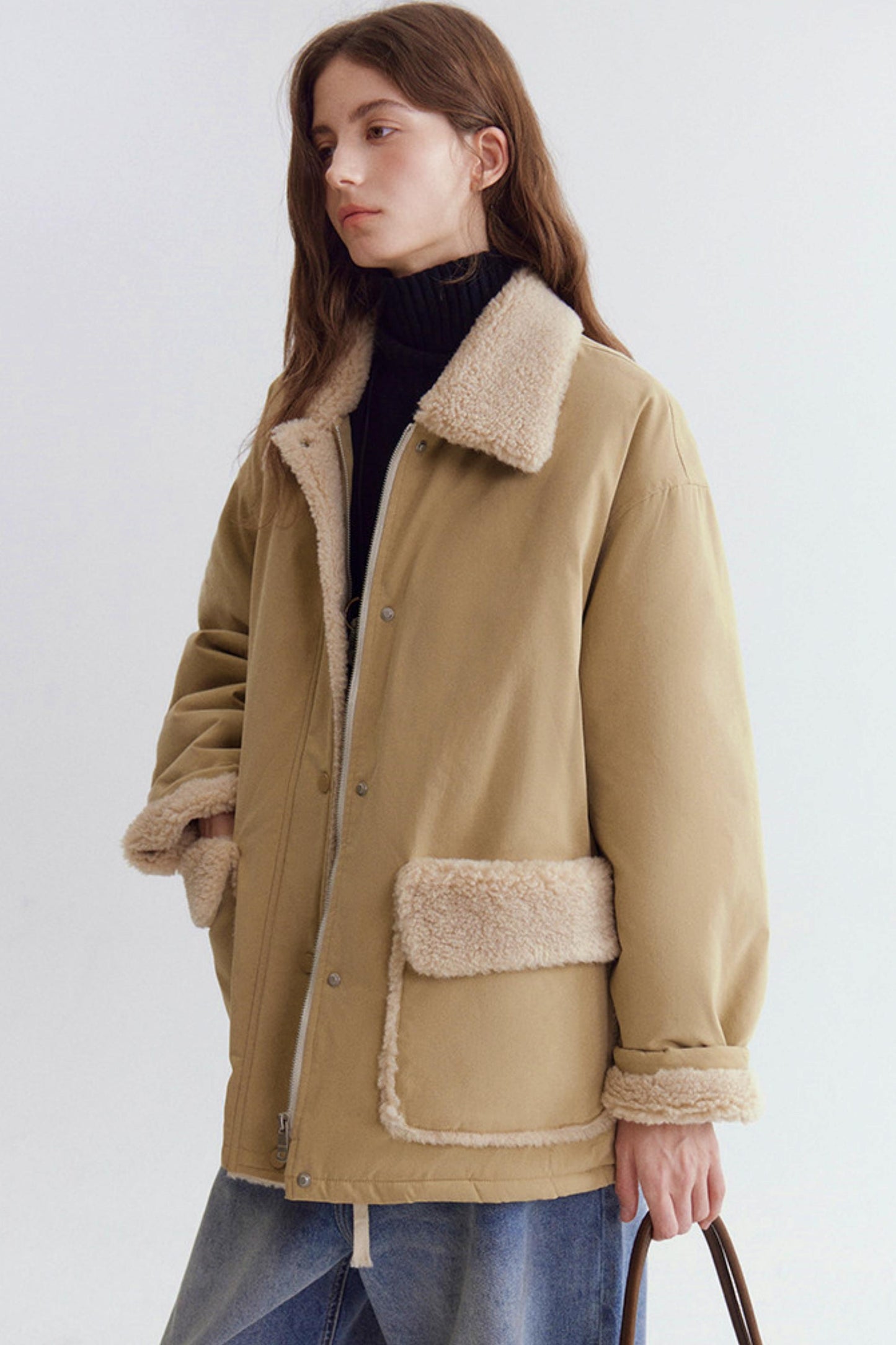 Color-Blocked Lamb Wool Coat