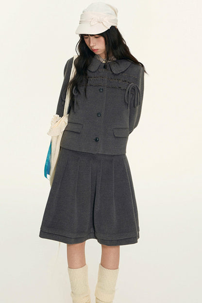 College Ruffle Woolen Suit Skirt Set-Up