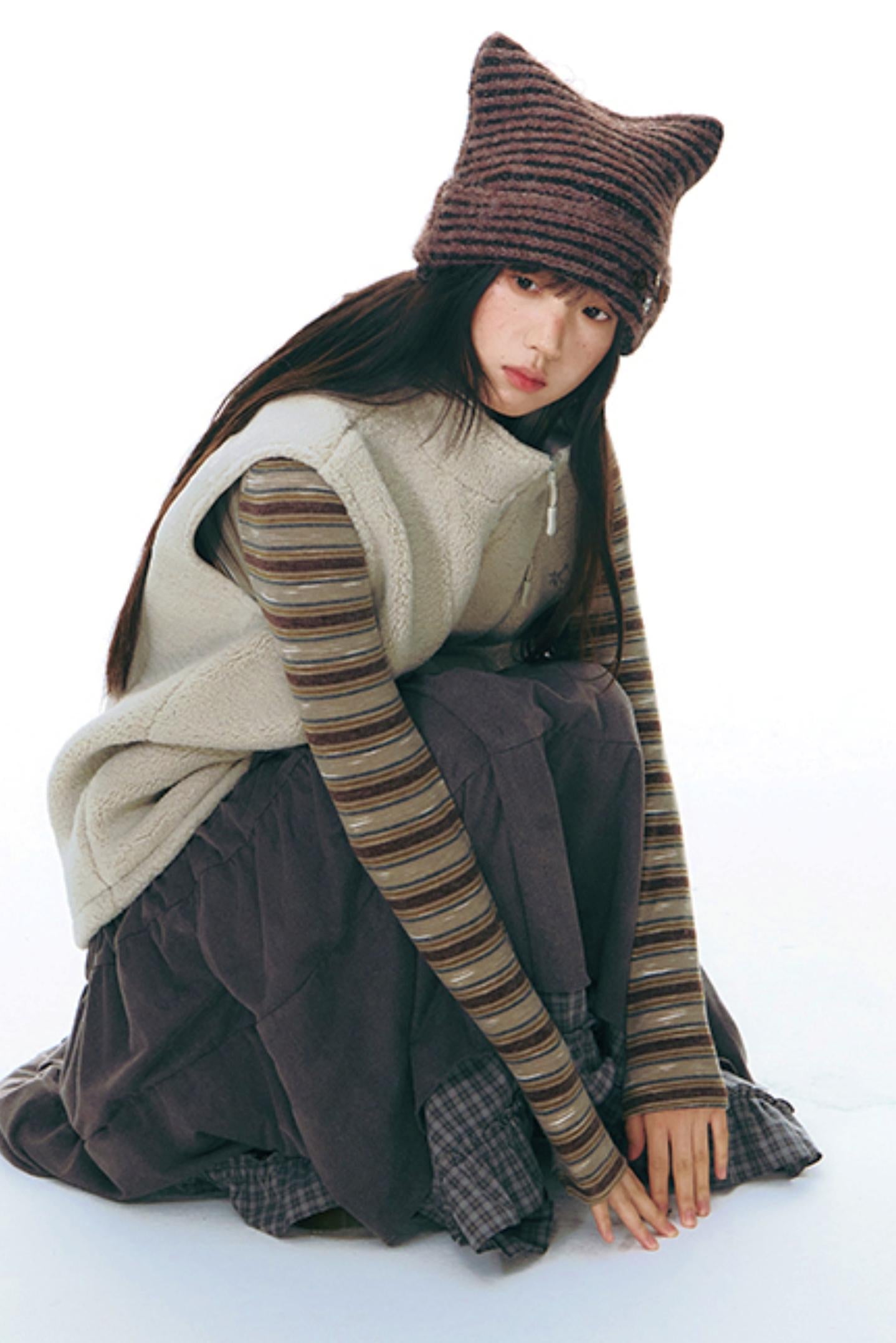 Striped Cat Ear Knit Hat