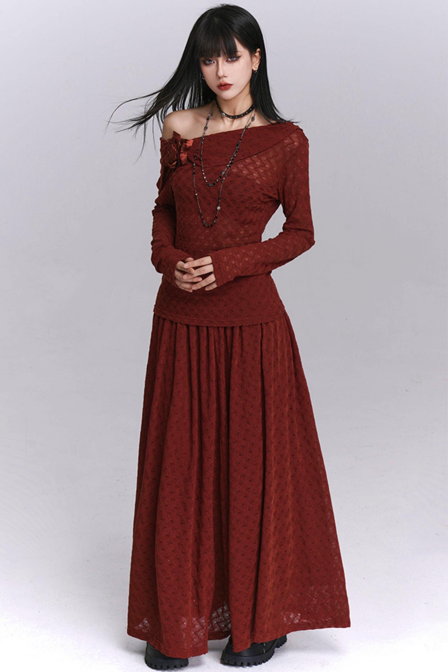 Autumn Red Shoulder Skirt Set-Up