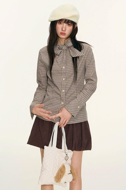 Original Plaid Embroidered Lace-Up Long Sleeve Shirt