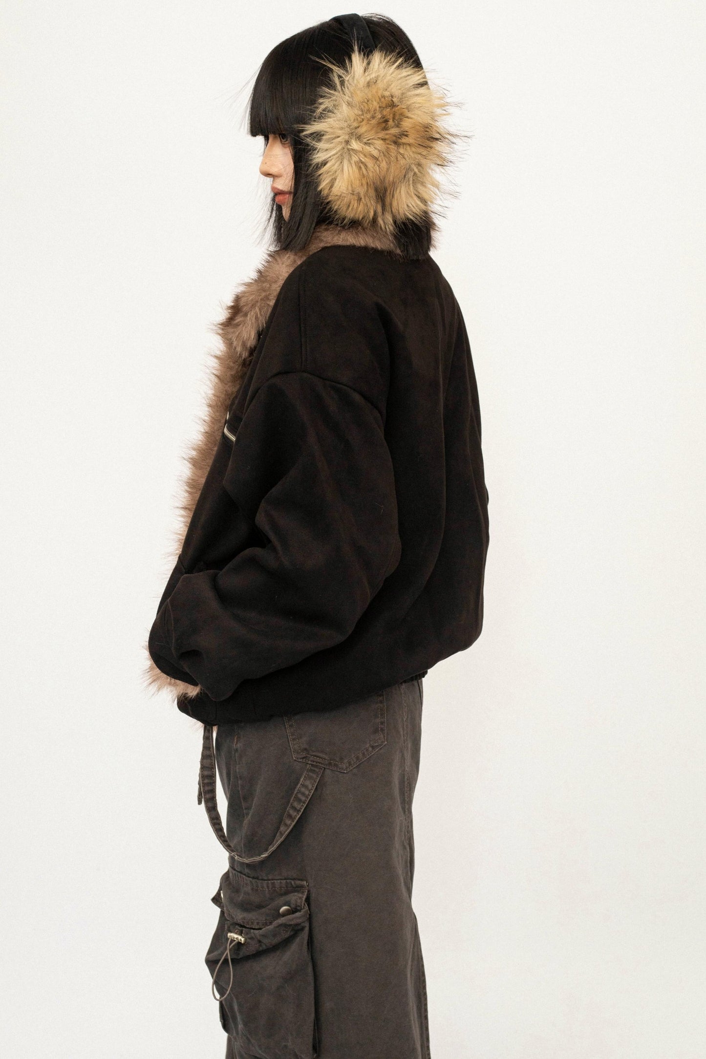 Retro Design Fur Collar Black Cotton Jacket