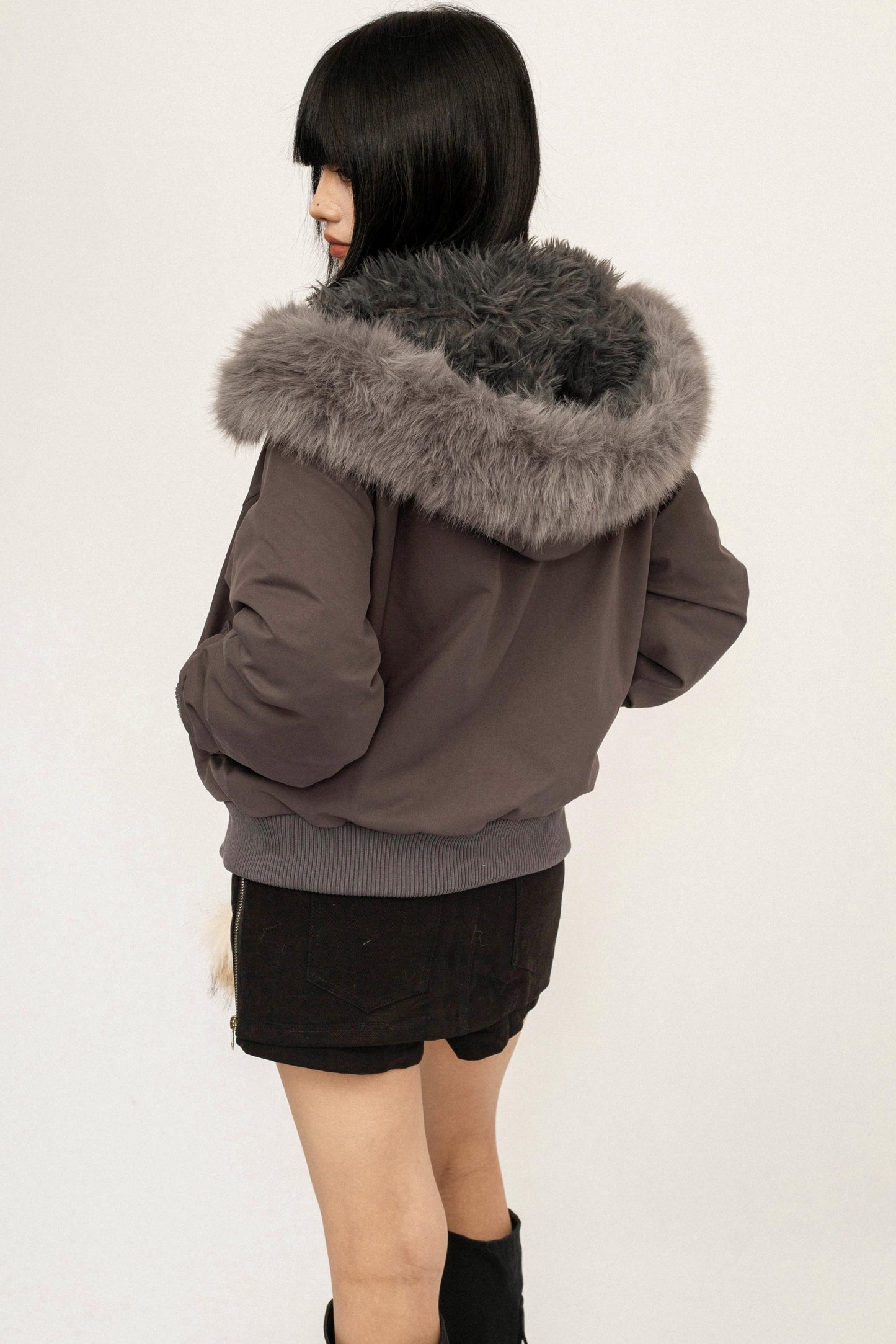 Gray Detachable Fur Collar Parka Coat