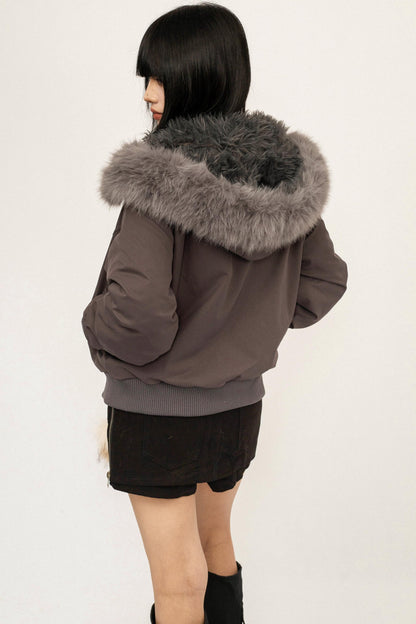Gray Detachable Fur Collar Parka Coat