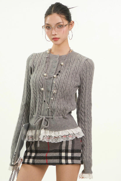 Gray Twist Lace-Edged Cardigan