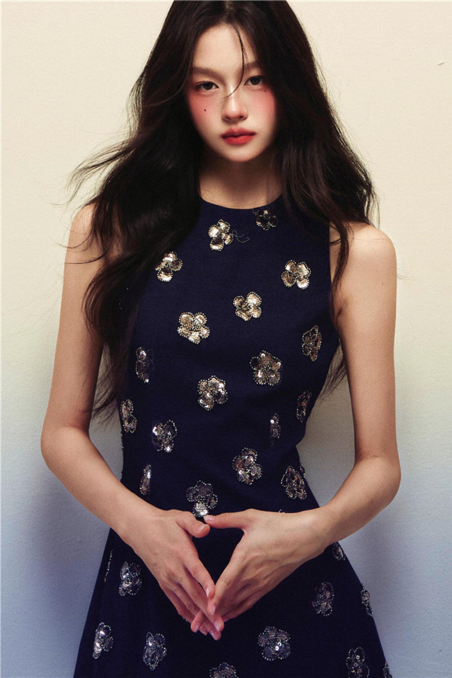 Slim Waist Navy Blue Sequin Sleeveless Dress