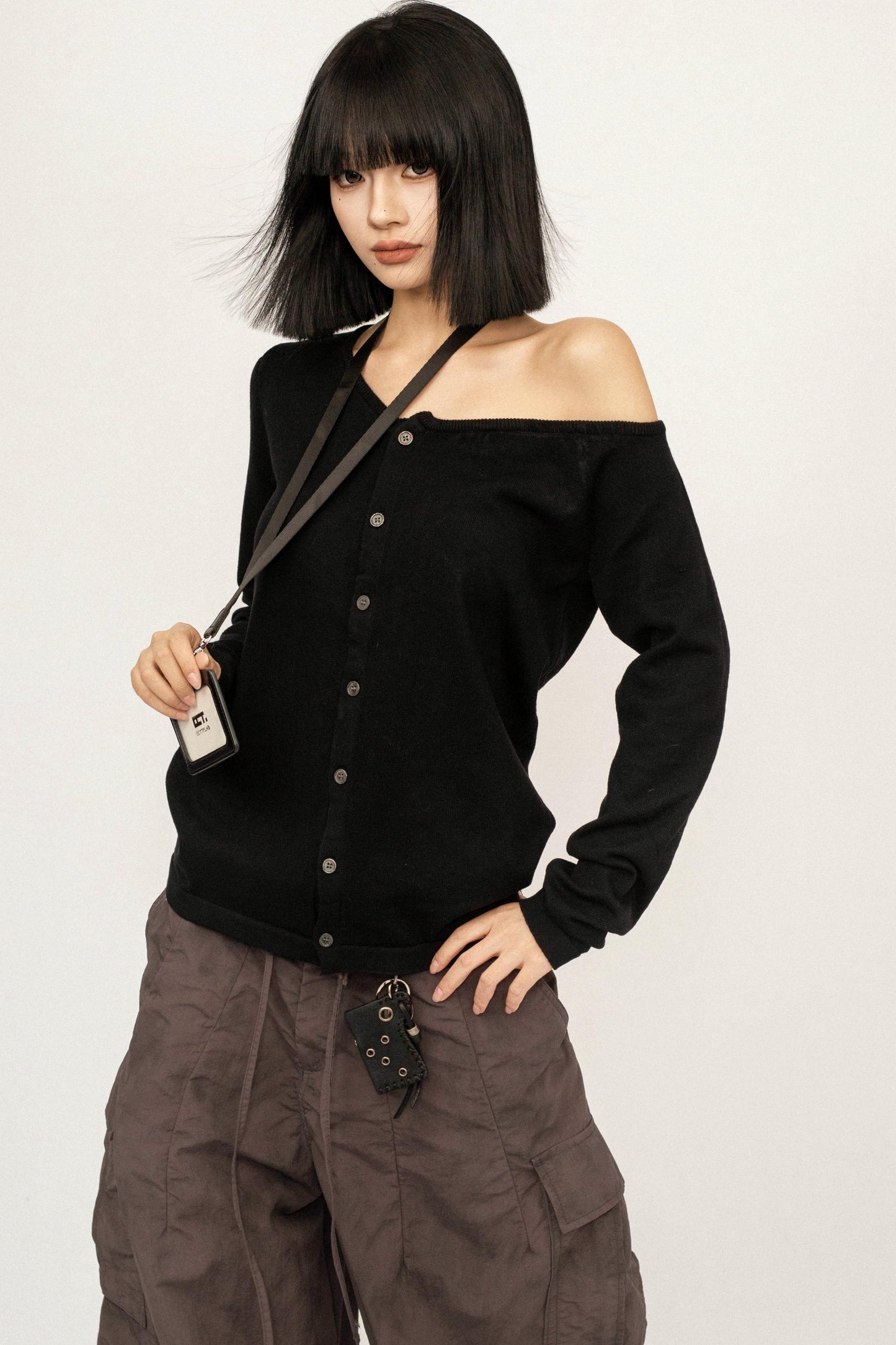 Black Knitted Off-Shoulder Cardigan