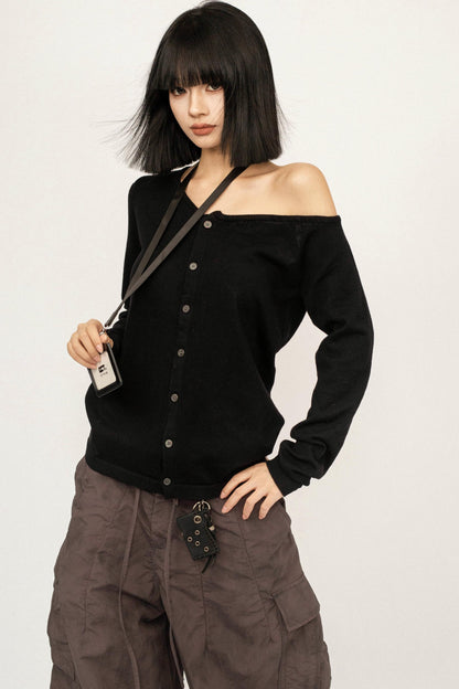 Black Knitted Off-Shoulder Cardigan