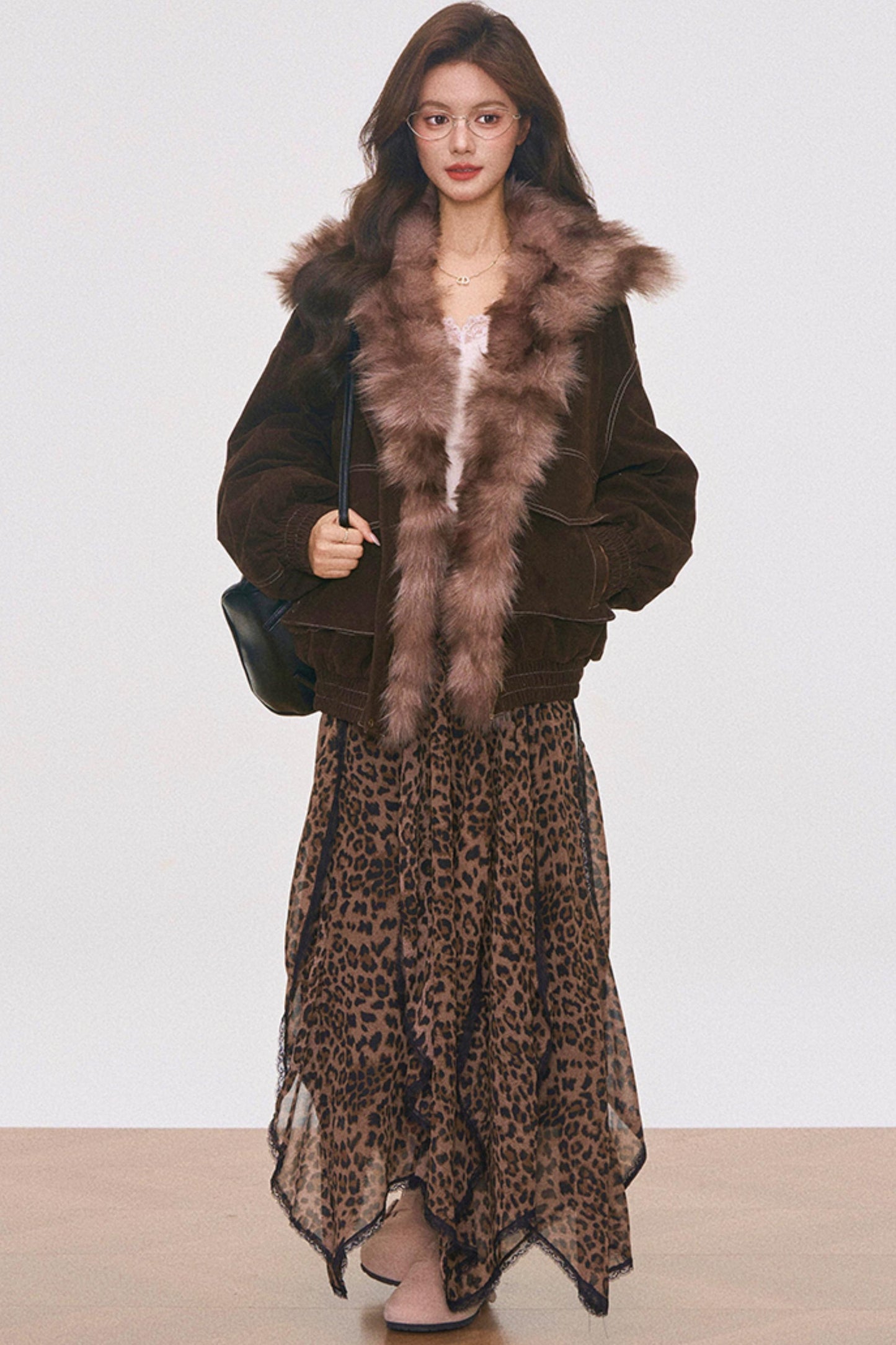 Brown Suede Fur Jacket and Leopard Skirt Set-Up