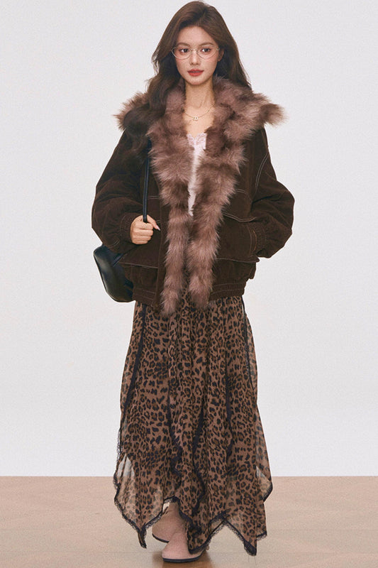 Brown Suede Fur Jacket and Leopard Skirt Set-Up