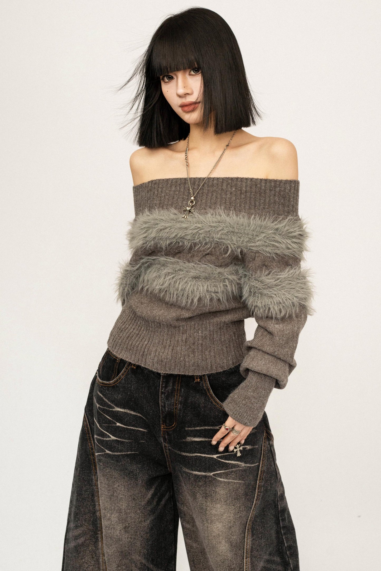 Off-Shoulder Fur Trim Sweater