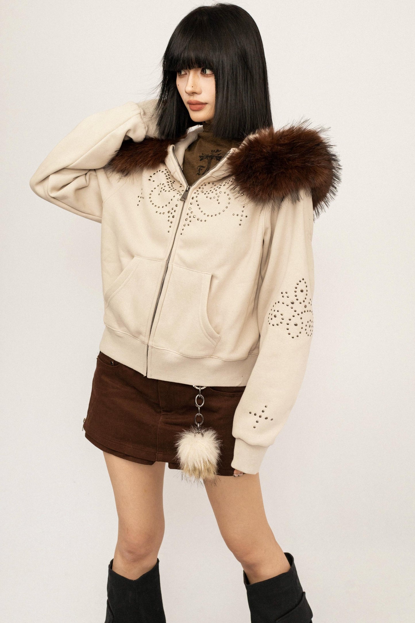 Studded Fur Collar Hooded Jacket