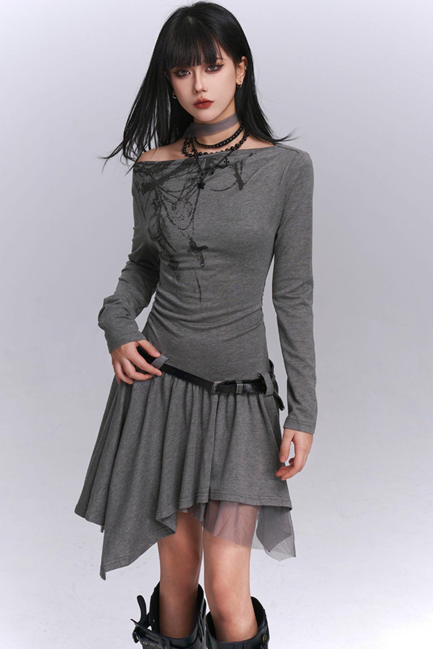 Gray Off-Shoulder Autumn Dress