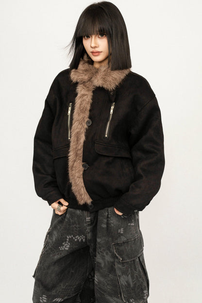 Retro Fur Collar Patchwork Jacket