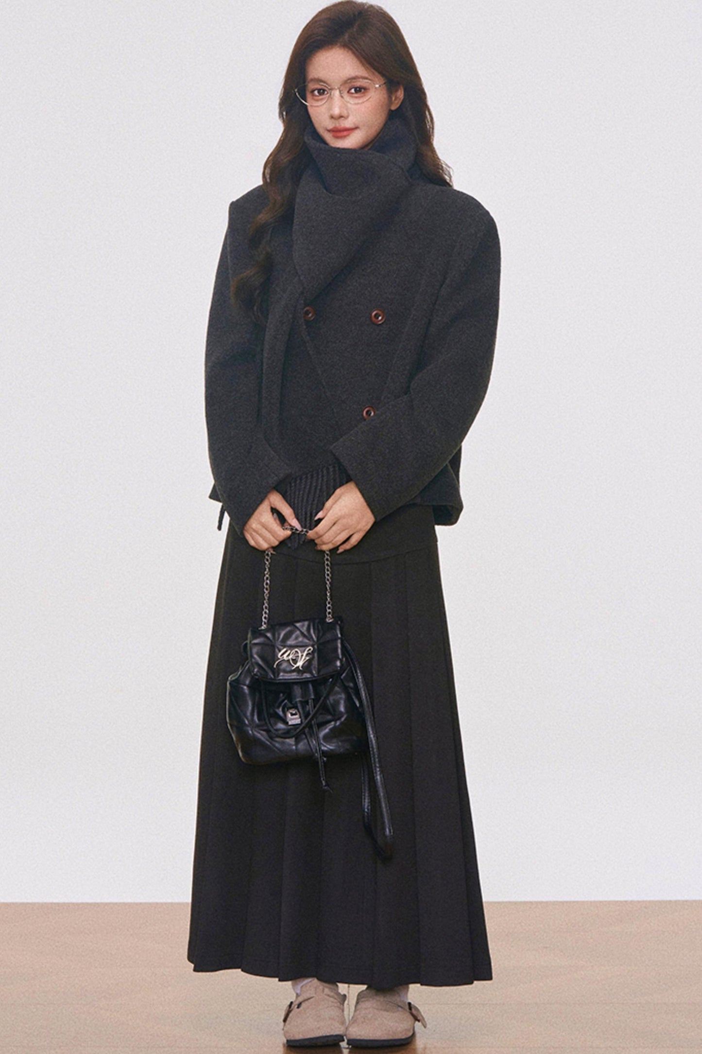 Woolen Coat with Scarf And Skirt Set-Up