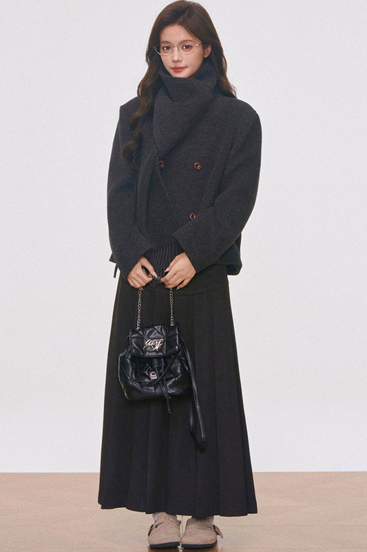 Woolen Coat with Scarf And Skirt Set-Up