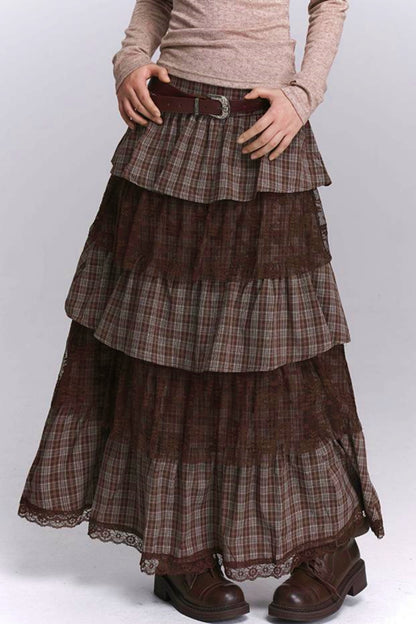 Plaid Tiered Long Skirt