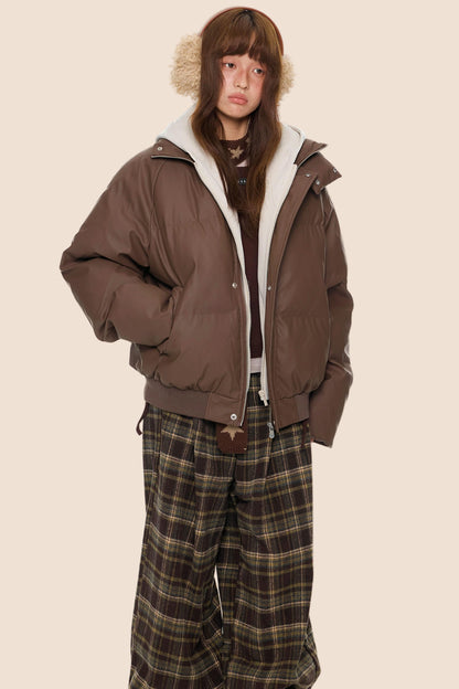 Color-Blocked Leather Hooded Jacket