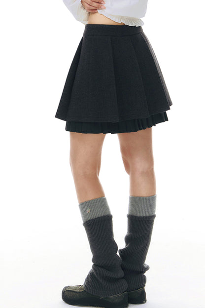 Ruffle Patchwork Woolen Pleated Skirt