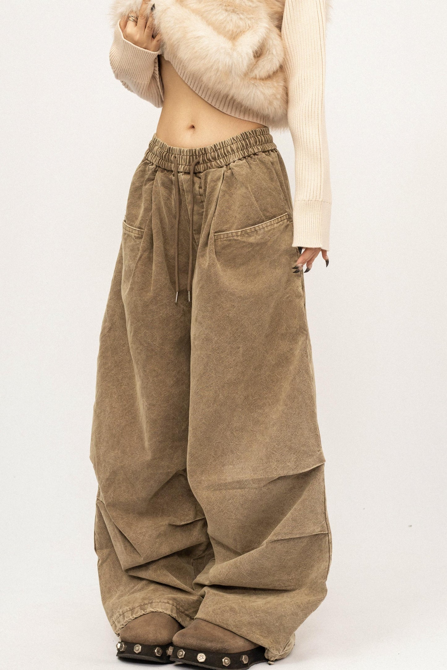 High-Waisted Khaki Wide-Leg Pants