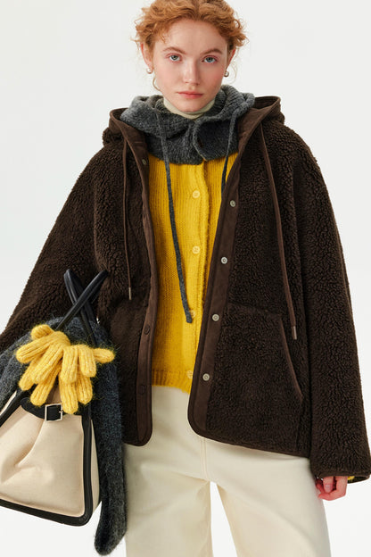 Brown Retro Lamb Wool Hooded Jacket