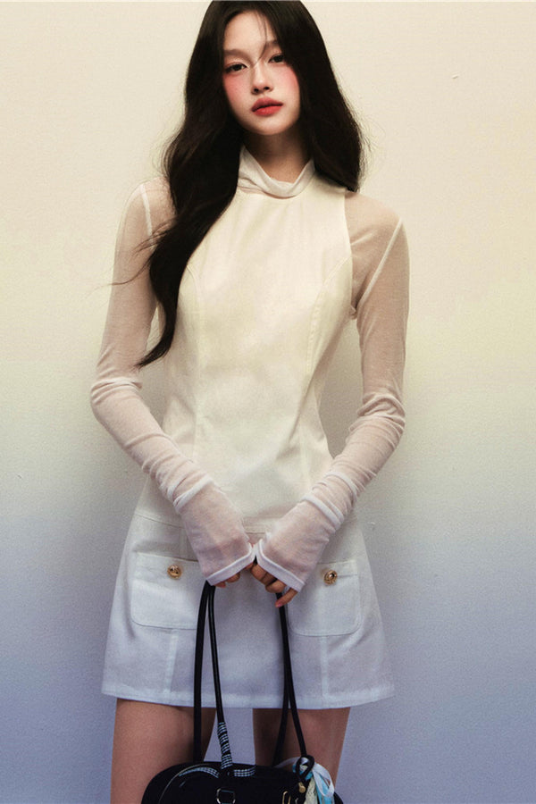 White Twill Sleeveless Vest Dress Set-Up