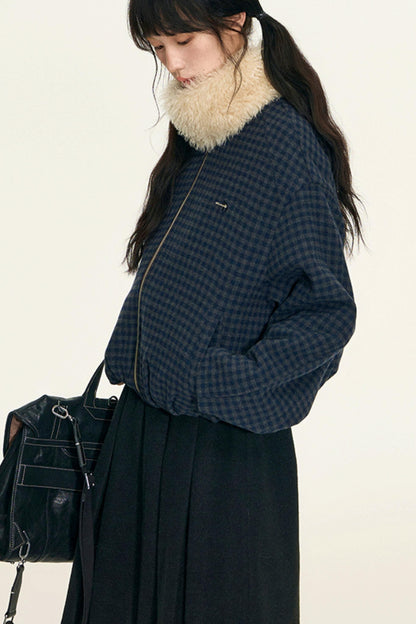 Vintage Suede Plaid Reversible Stand-Up Collar Jacket