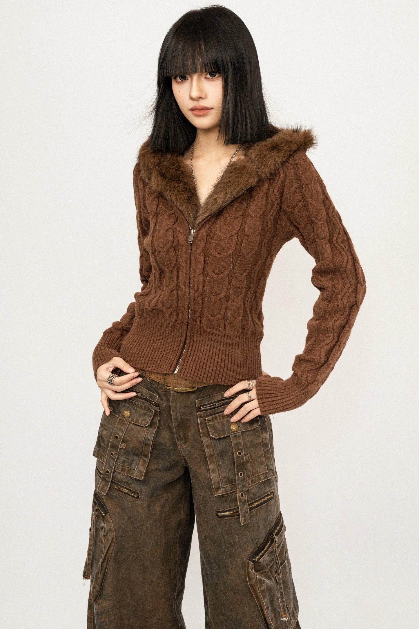 Retro Cable Knit Hooded Cardigan