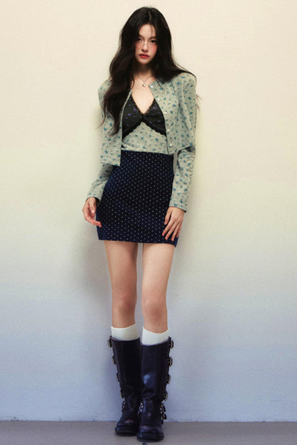 Navy Blue Polka Dot Floral Patchwork V-Neck Sundress Set-Up