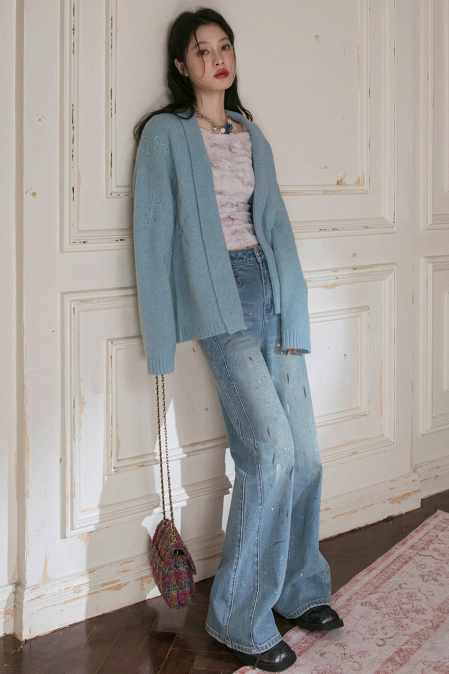 Sky Geometric Straight Jeans