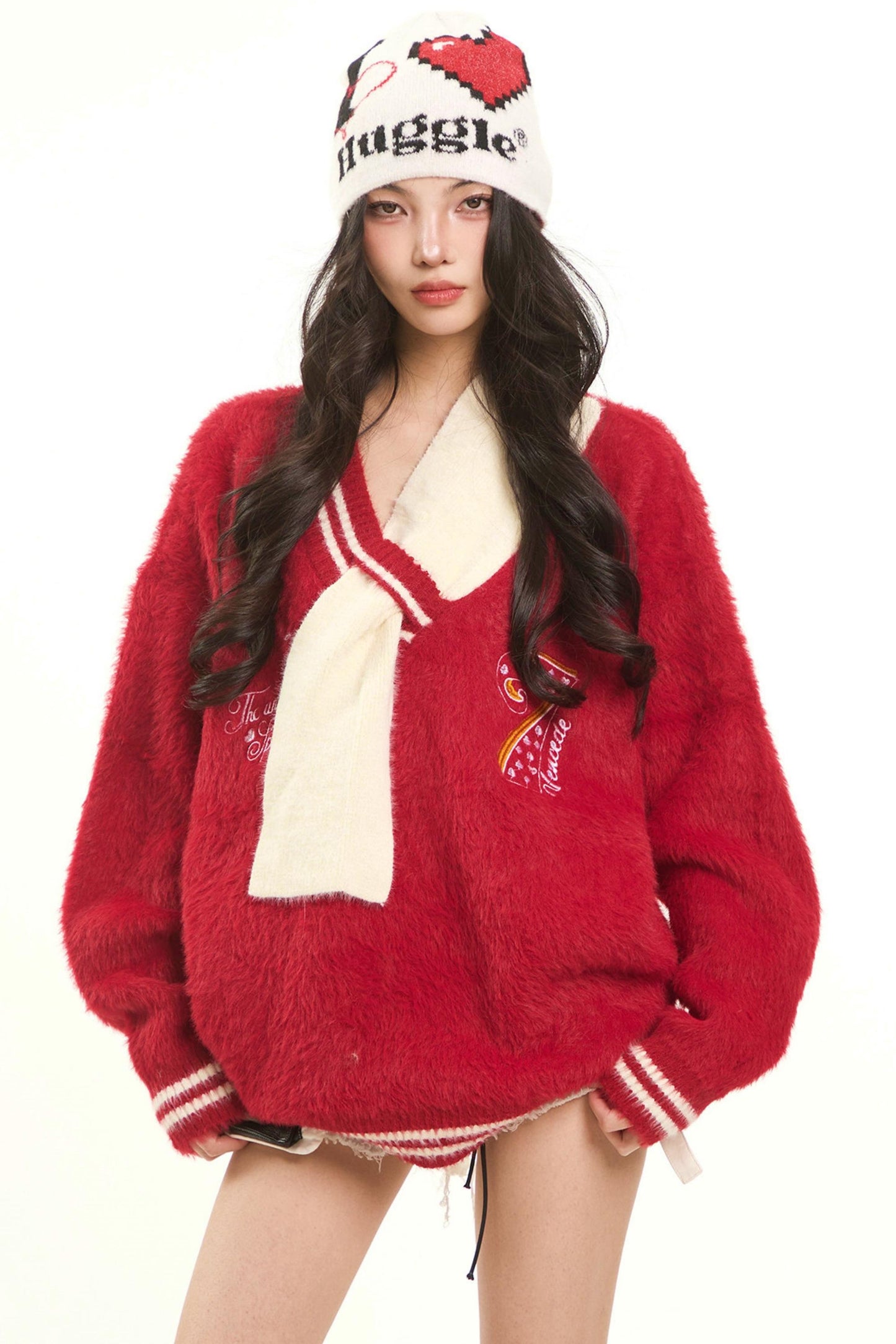 Retro Red Knit V-Neck Sweater