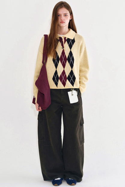 Cream Yellow Argyle Knit Sweater