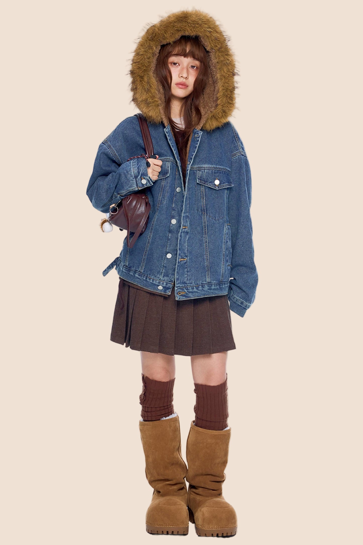 Fur Collar Hooded Denim Jacket