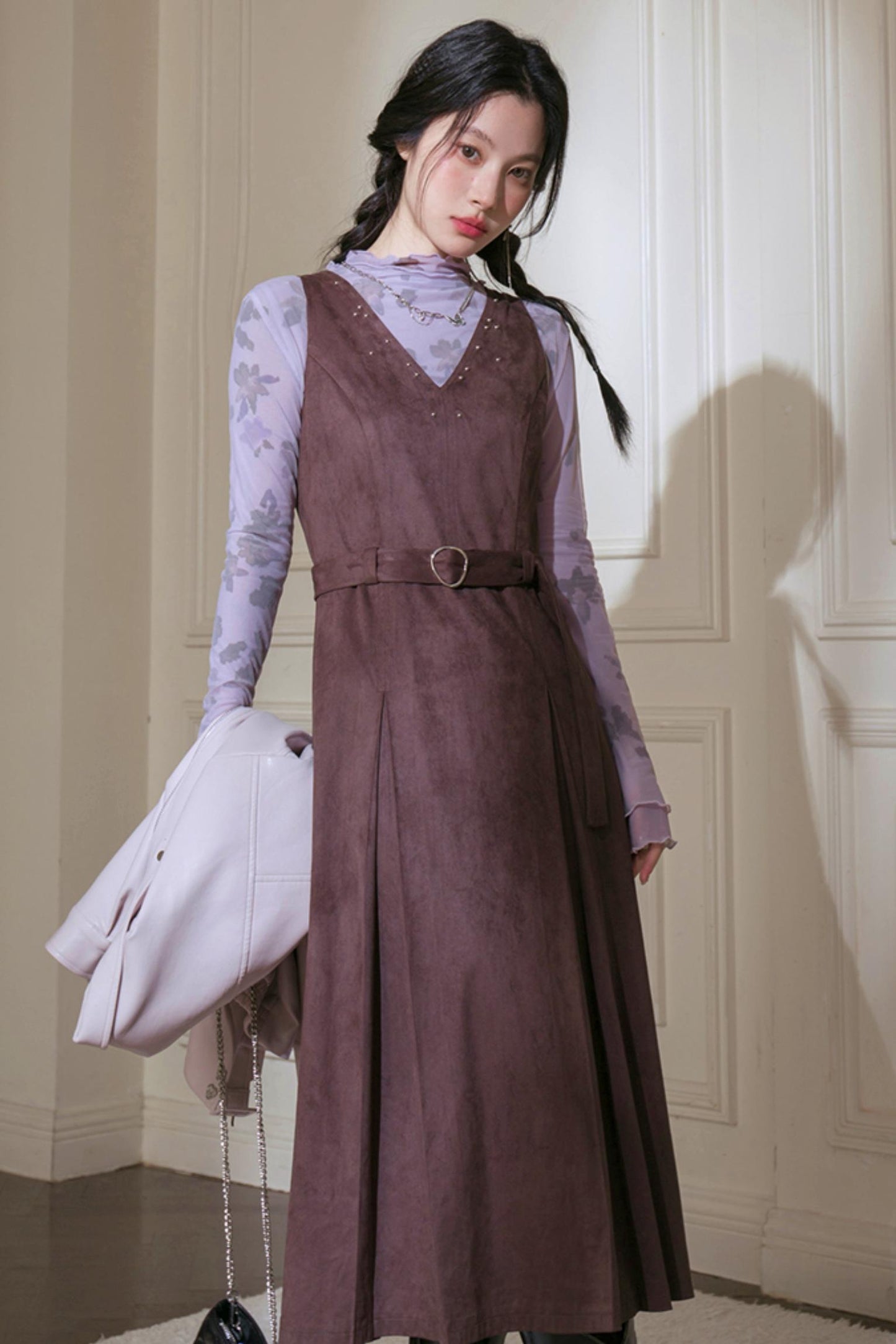 Grey Studded Deerskin Vest Dress