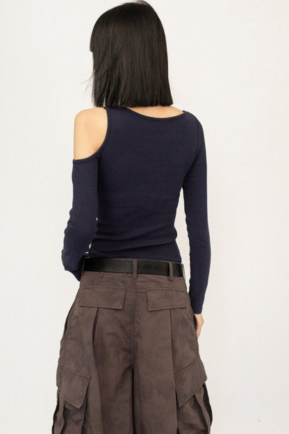 Retro Navy Off-Shoulder Top